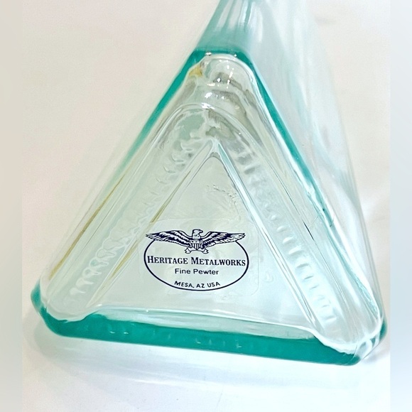 Vintage Blue Green Glass Bottle 9.5” Pewter Horse Medallion Heritage Metalworks - Picture 5 of 5